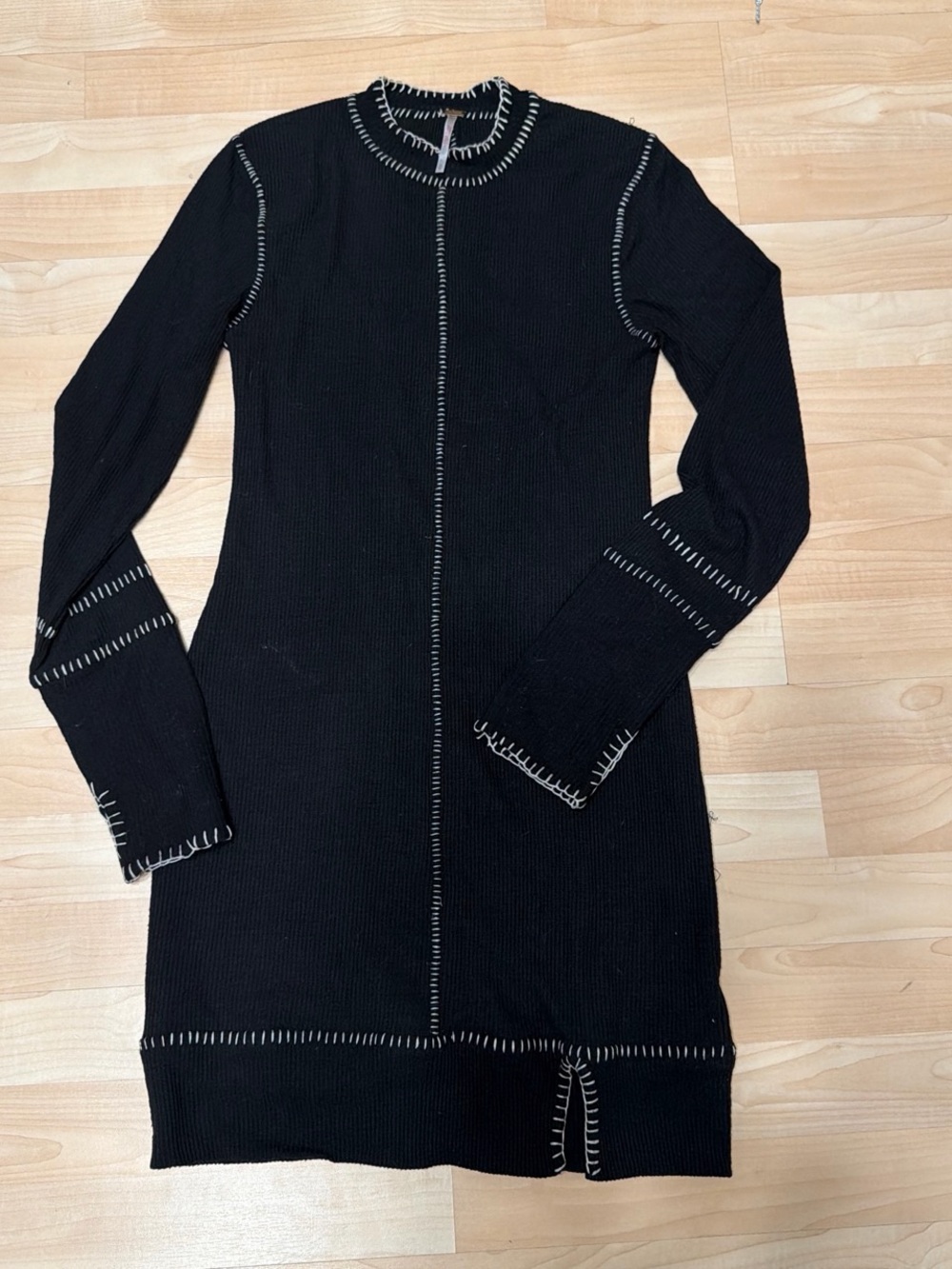 Free People Black Long-Sleeve Stitch-Trim Knit Dress